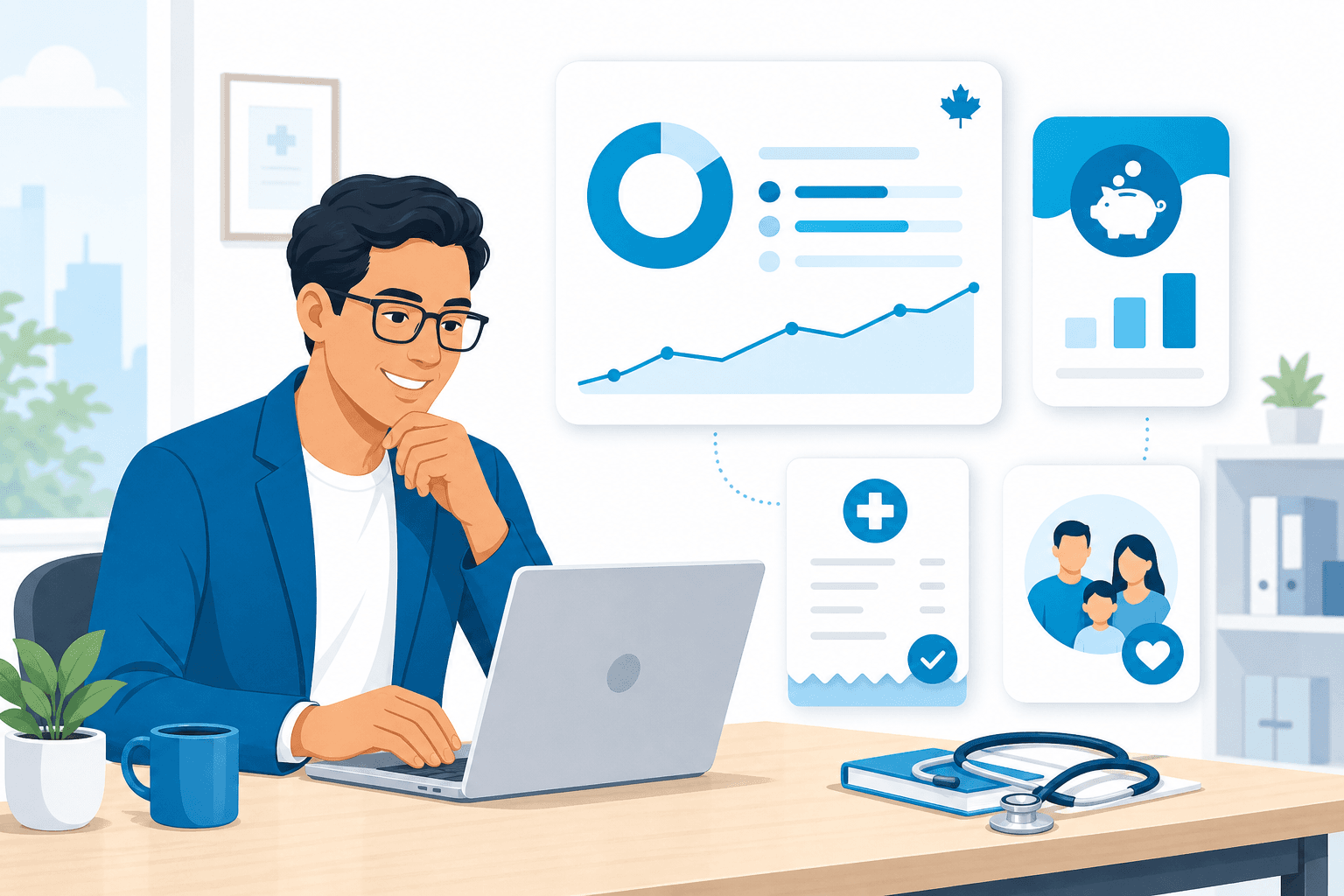 Incorporated professional reviewing health benefits on a laptop